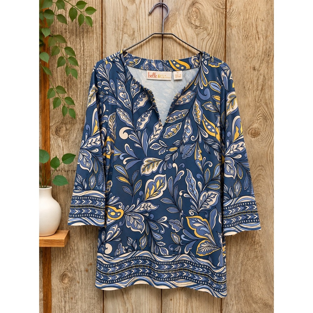Belle by Kim Gravel XL Blue Floral Paisley Split V-Neck 3/4 Sleeve Tunic Top